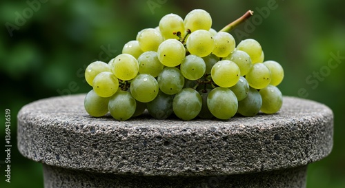 Juicy green grapes rest gently on stone pedestal bathed in soft sunlight. AI Generated