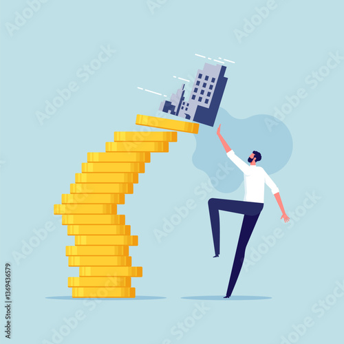 Property and housing market collapse, real estate risk. Property market crash, businessman or real estate agent tries to keep the house from falling off the top of the graph price