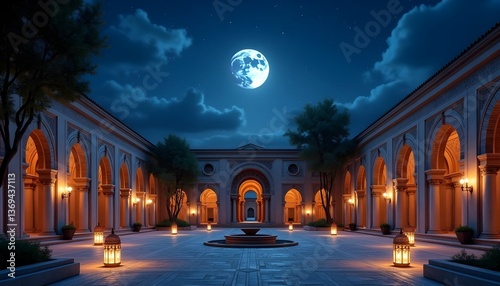 A deep blue sky with scattered wisps of clouds illuminated by a radiant crescent moon. In the background, a grand modern Arabic arch with intricate geometric patterns stands tall in a dimly lit space
