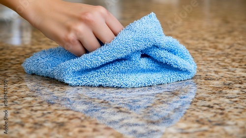Cleaning a countertop with a blue cloth.  A hand wipes a kitchen surface