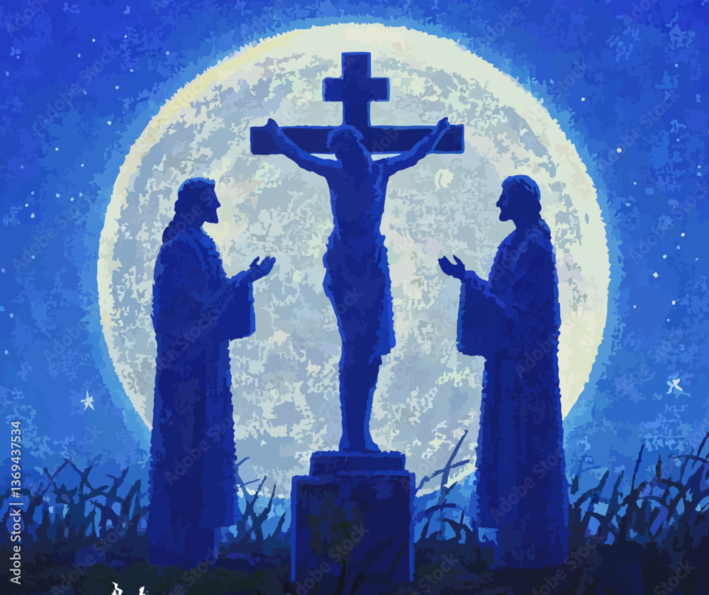 abstract illustration of jesus with moonlight and blue light