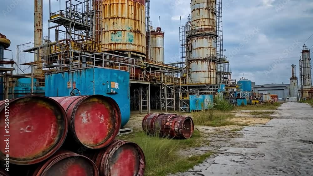 Industrial Rust and Ruin: A weathered refinery, marked by decay and disuse, presents a gritty tableau of industrial decline, with rusty barrels and aging infrastructure under a cloudy sky.