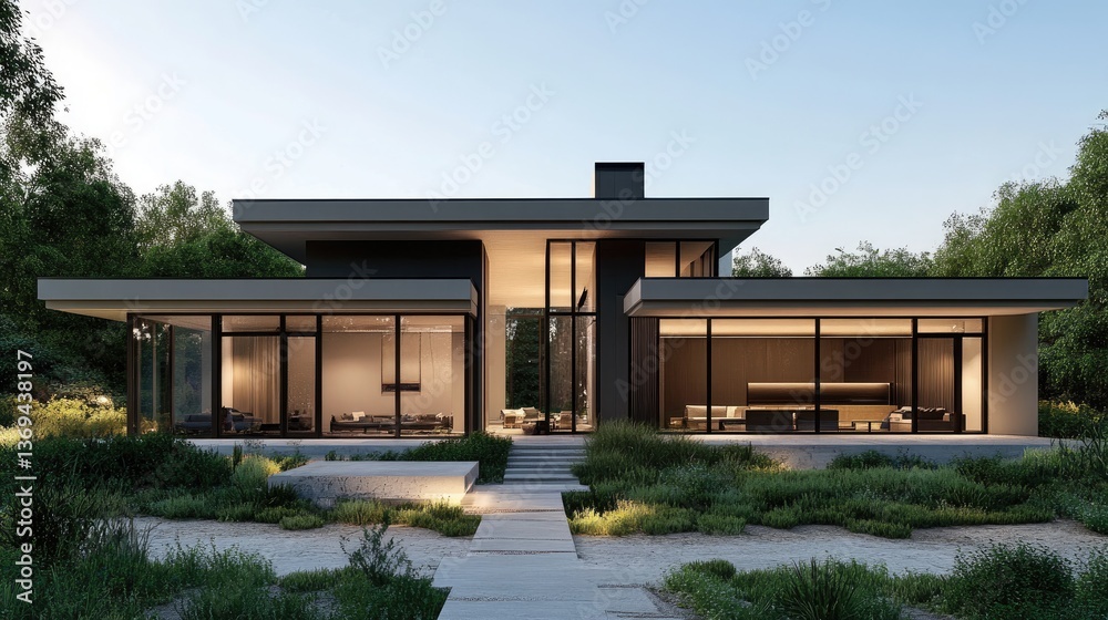 Modern architectural design of sleek house with large windows at twilight Modern architectural design of sleek house with large windows at twilight