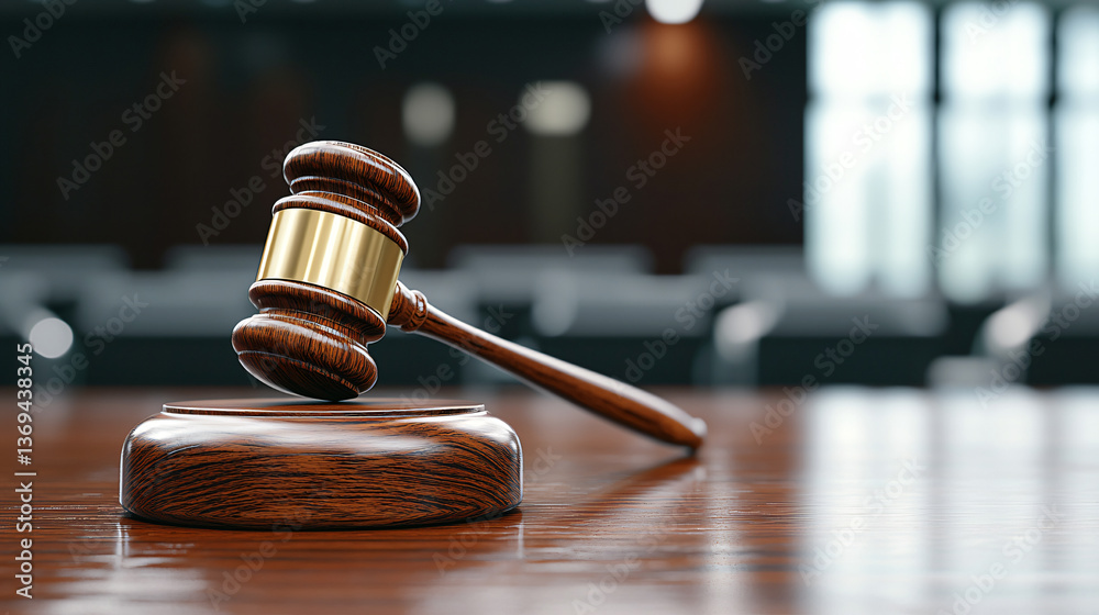 Wooden Gavel on Desk Representing Judicial Proceedings and Courtroom Environment Detailed View Wooden Gavel on Desk Representing Judicial Proceedings and Courtroom Environment Detailed View