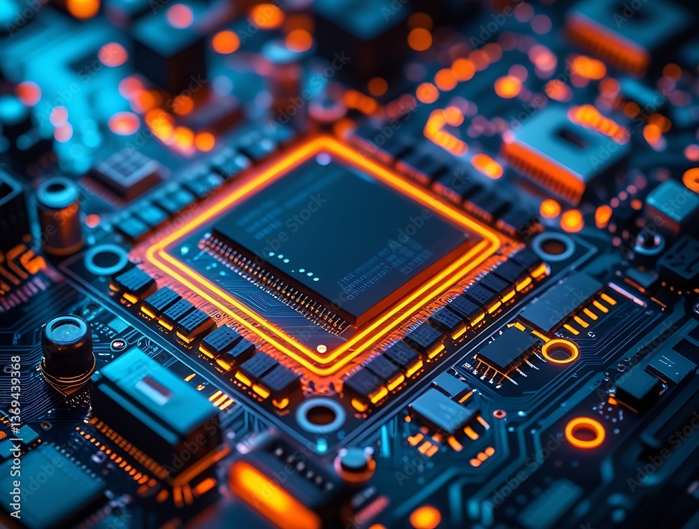 Futuristic close-up of a glowing microchip on a circuit board, illuminated with vibrant orange and blue lights, symbolizing advanced technology, innovation, and computing power
Futuristic close-up of a glowing microchip on a circuit board, illuminated with vibrant orange and blue lights, symbolizing advanced technology, innovation, and computing power