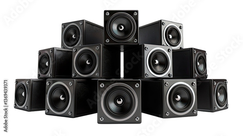 Sound Symphony:  A precise arrangement of sleek speakers, crafting an auditory spectacle, their dark forms poised in a studio-like environment. 