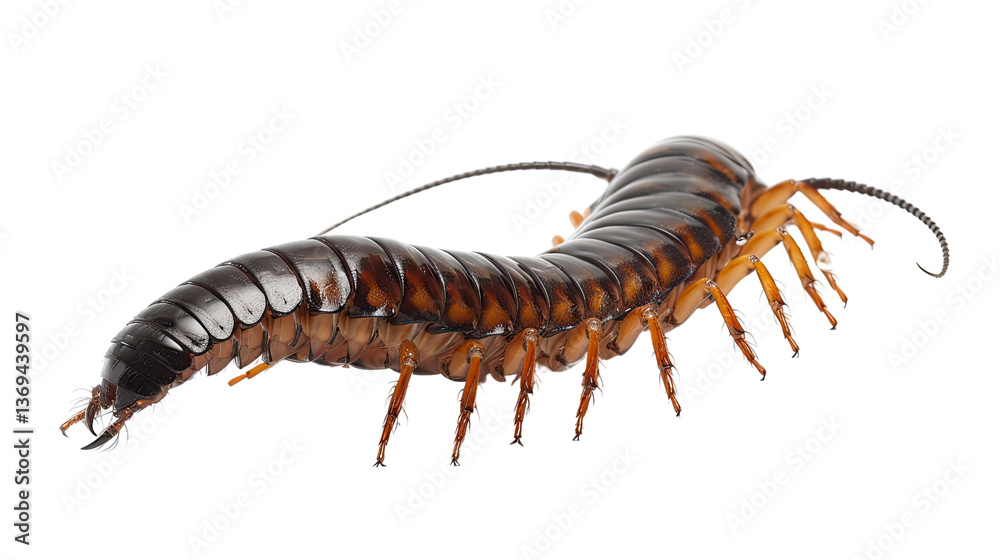 Mysterious Crawl: An up-close view of a centipede. Showing its body and intricate details. The photorealistic image captures the textures and patterns of this fascinating creature.