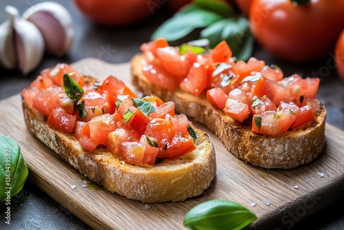 A rustic Italian bruschetta with fresh tomatoes, garlic, basil, and olive oil on toasted bread, isolated on a transparent background.