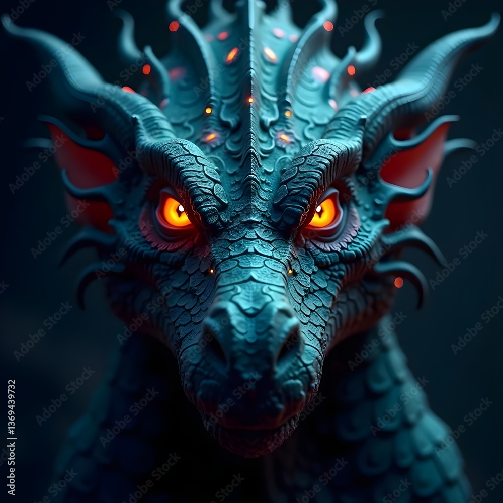 A fierce dragon's face emerges from the shadows, its reptilian eyes gleaming with an intense, otherworldly glow