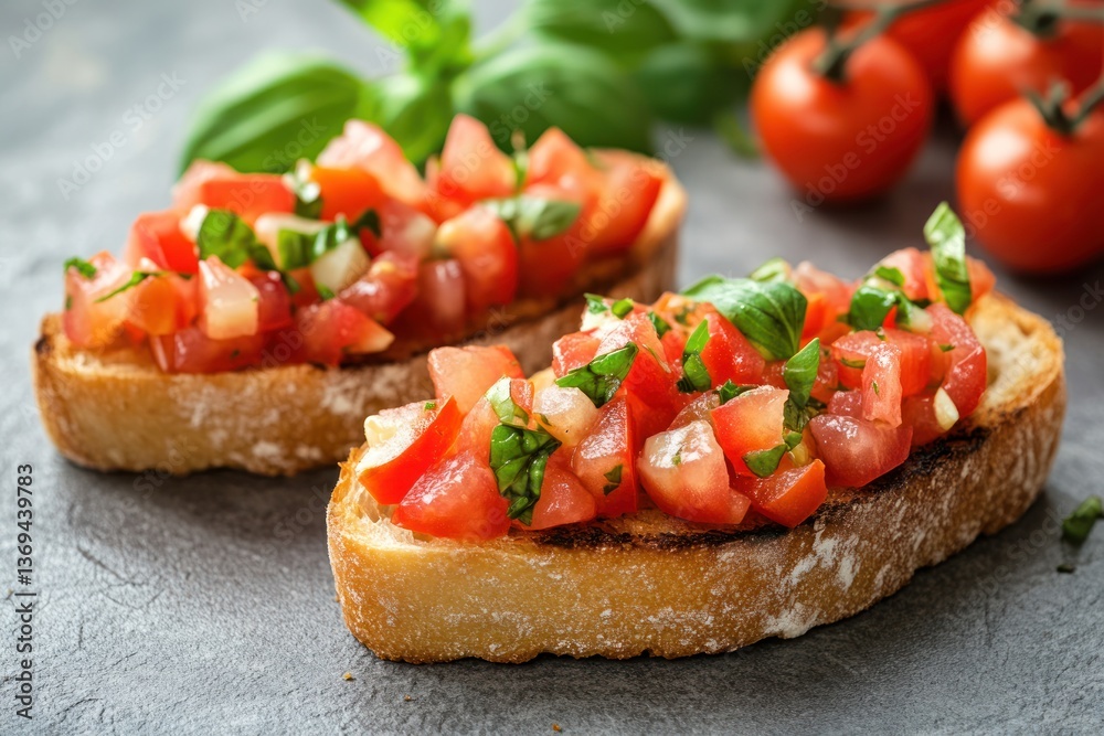 A rustic Italian bruschetta with fresh tomatoes, garlic, basil, and olive oil on toasted bread, isolated on a transparent background.