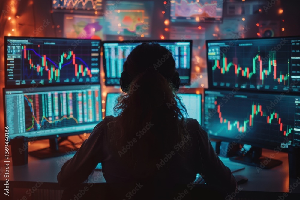 Fototapeta premium Professional trader analyzing stock market data on multiple computer screens with graphs and charts in a dark, illuminated environment