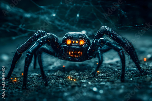 3D Render of a menacing, bioluminescent spider crawls across dark ground with glowing eyes and fangs, a nightmarish creature of the digital realm.