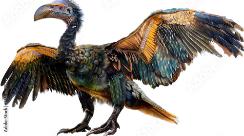 Terror Bird's Vibrant Display: Witness a magnificent terror bird, its colorful plumage and imposing form captured in a striking illustration, poised to take flight.