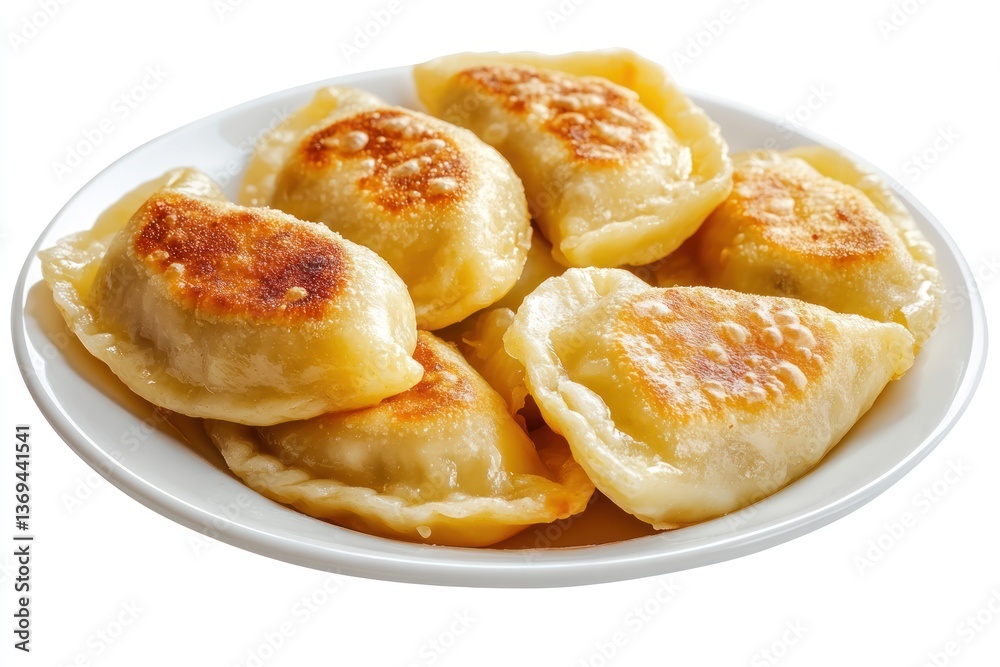 A serving of pierogi with golden-brown edges, stuffed with potato and cheese, isolated on a transparent background. A serving of pierogi with golden-brown edges, stuffed with potato and cheese, isolated on a transparent background.