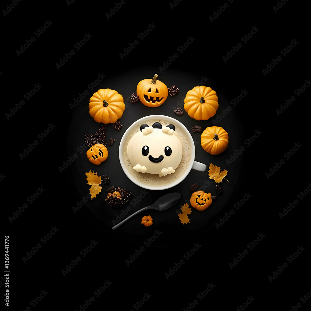 Adorable Cartoon Character Coffee Drink Surrounded by Autumn Pumpkins and Leaves on Black Background