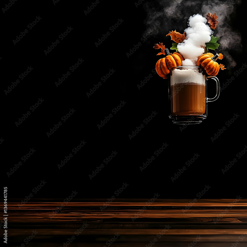Steaming Pumpkin Spice Latte with Autumn Leaves Illustration on Dark Wooden Background
