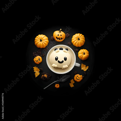 Obraz na płótnie Adorable Cartoon Character Coffee Drink Surrounded by Autumn Pumpkins and Leaves on Black Background w salonie