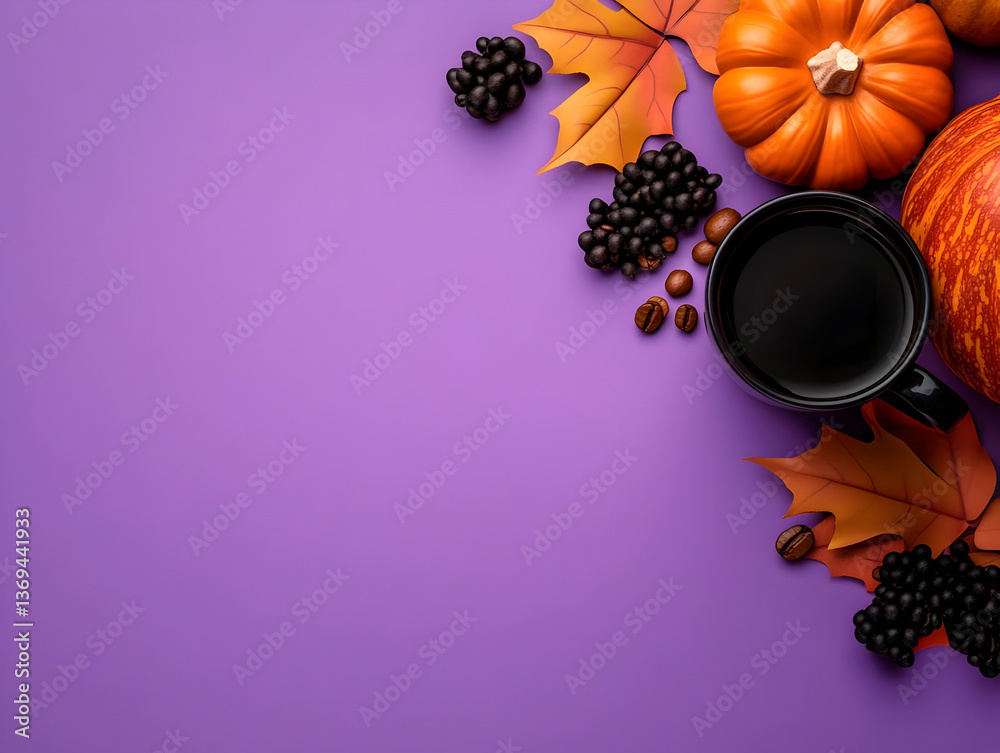 Autumnal Still Life: Coffee Cup with Pumpkins, Leaves, and Berries on Purple Background