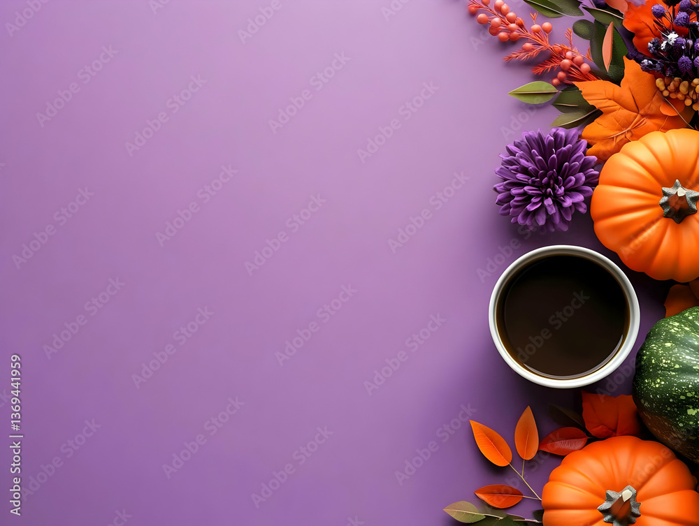Autumnal Still Life: Pumpkins, Flowers, Coffee on Purple Background