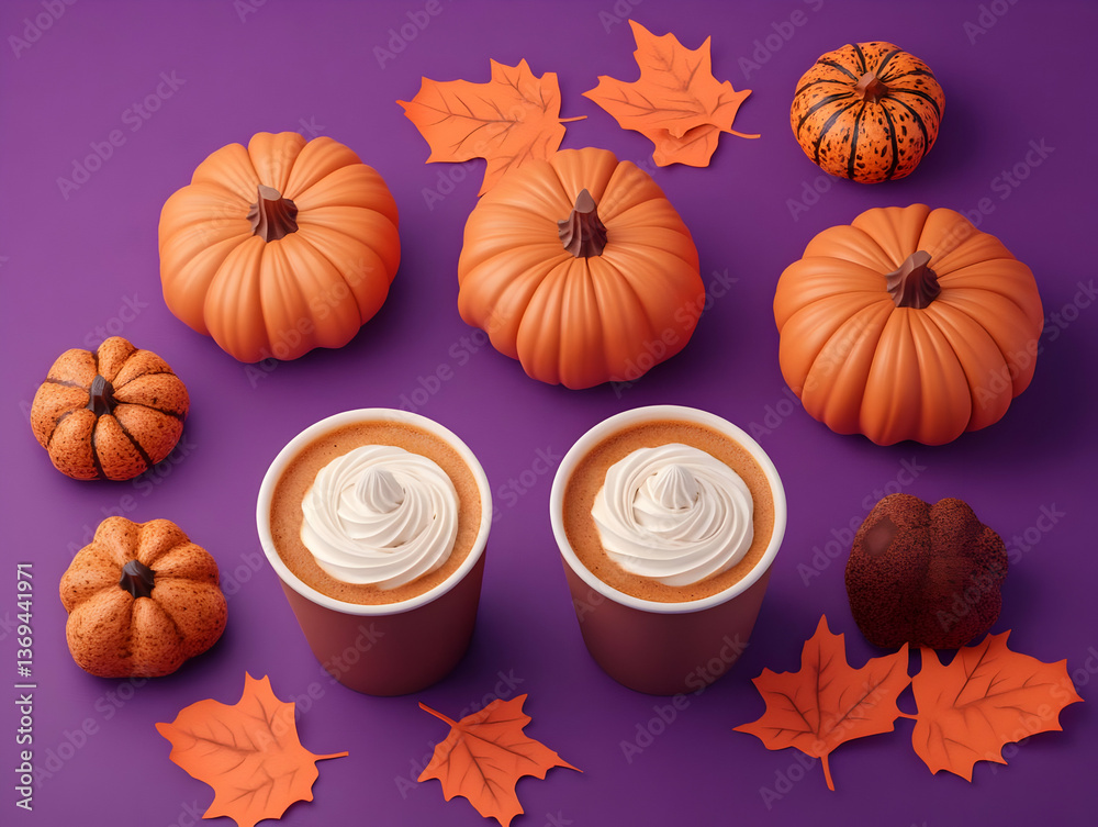 3D Render of Autumnal Scene: Pumpkins, Coffee, and Leaves on Purple Background