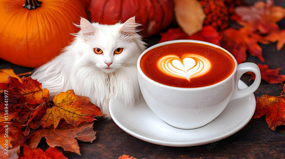Autumnal Latte Art with a Fluffy White Cat and Pumpkins, Surrounded by Vibrant Fall Leaves on a Dark Wooden Surface.