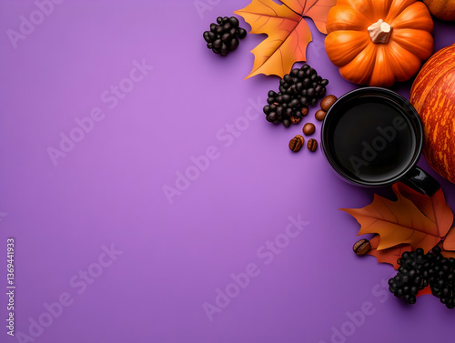 Obraz na płótnie Autumnal Still Life: Coffee Cup with Pumpkins, Leaves, and Berries on Purple Background w salonie