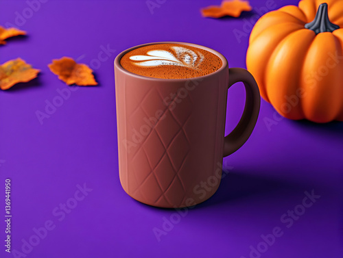 Obraz na płótnie 3D Render of Autumnal Latte in Brown Mug on Purple Background with Pumpkin and Leaves w salonie