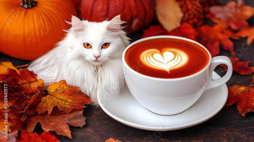 Obraz na płótnie Autumnal Latte Art with a Fluffy White Cat and Pumpkins, Surrounded by Vibrant Fall Leaves on a Dark Wooden Surface. w salonie