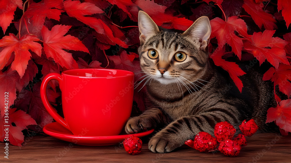 Tabby Cat Resting Near Red Mug and Autumn Leaves on Wooden Surface, Cozy Autumn Scene
