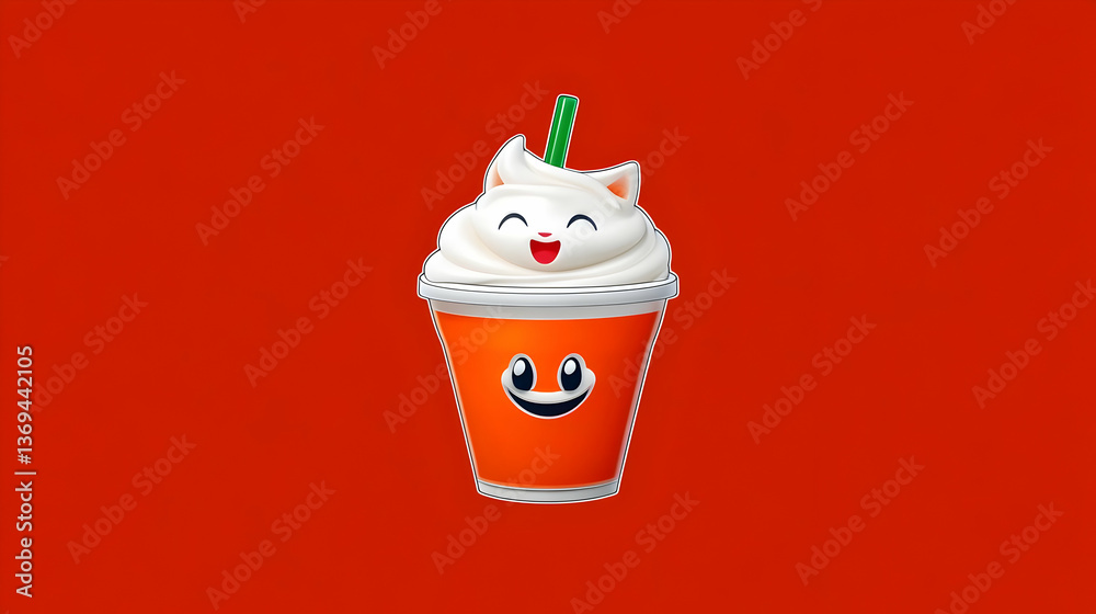 3D Render of a Happy Orange Cup with Whipped Cream Cat, against Red Background