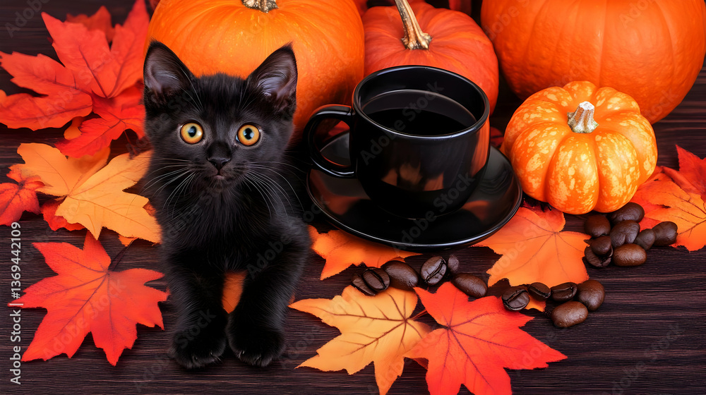 Adorable Black Kitten Poses with Pumpkins, Coffee, and Autumn Leaves on Wooden Surface