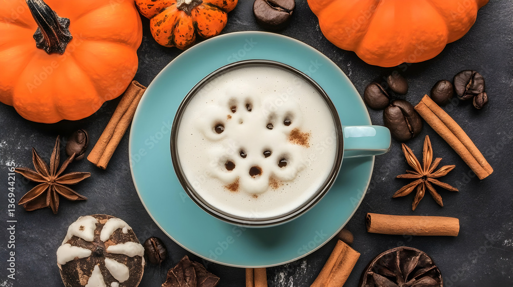 Autumnal Cappuccino with Pumpkins, Spices, and Coffee Beans on Dark Background