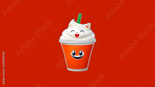 Obraz na płótnie 3D Render of a Happy Orange Cup with Whipped Cream Cat, against Red Background w salonie