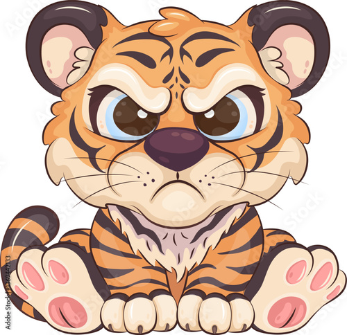 Cartoon angry tiger. Cute illustration of an angry cartoon tiger sitting. Unique design, children's mascot.