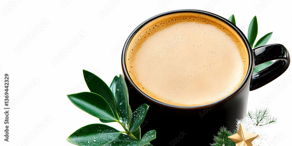 Aromatic Coffee in Black Mug with Green Leaves and Festive Star