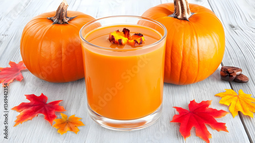 Obraz na płótnie Glass of Pumpkin Smoothie with Roasted Pumpkin Garnish and Autumn Leaves on a Rustic Wooden Table w salonie