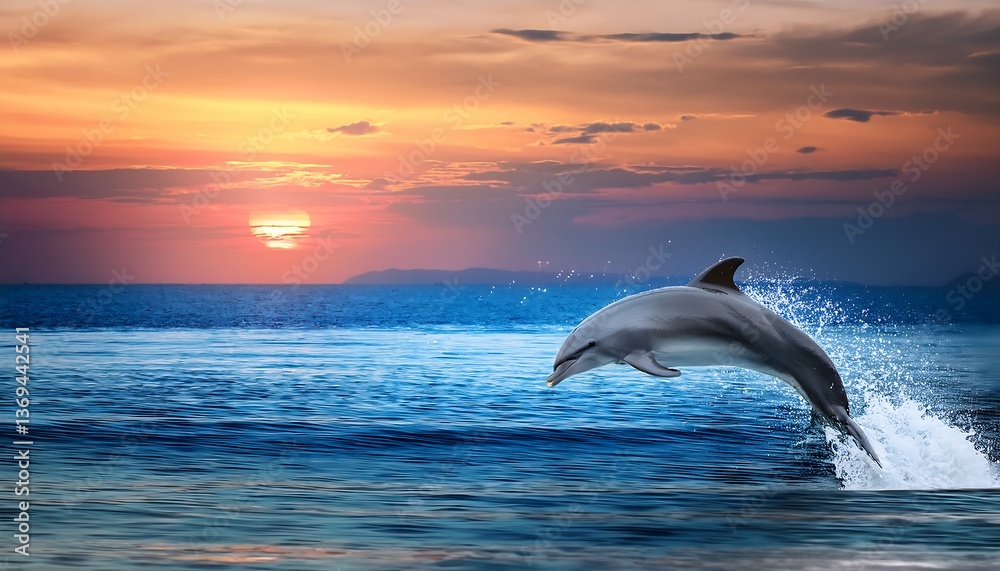 Fototapeta premium A Dolphin’s Dream: Twilight Flight Over a Glowing Ocean