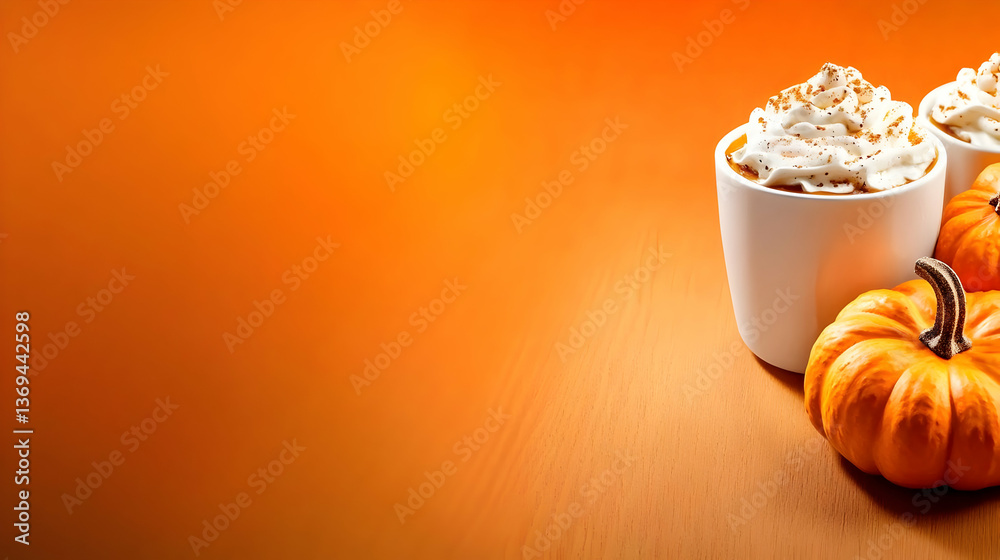 Autumnal Still Life: Pumpkin Spice Latte with Whipped Cream and Miniature Pumpkins on Orange Background