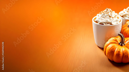 Obraz na płótnie Autumnal Still Life: Pumpkin Spice Latte with Whipped Cream and Miniature Pumpkins on Orange Background w salonie