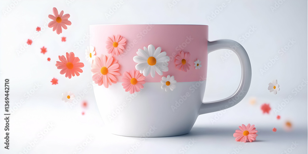 3D Render of Pink and White Mug Adorned with Daisies, Flowers Falling Around it on White Background