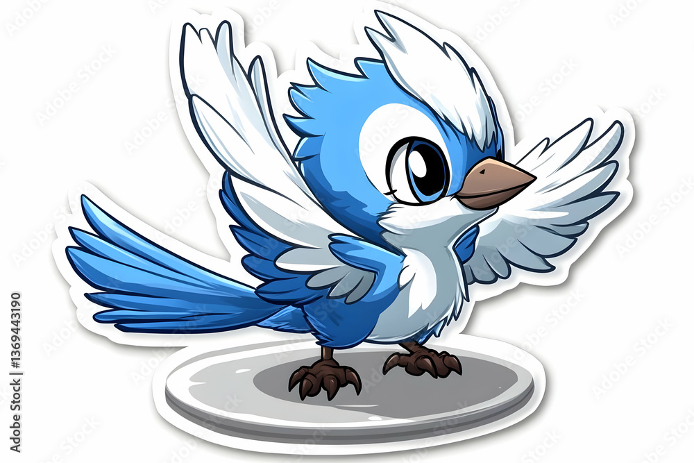 Adorable Cartoon Blue Bird Illustration with Spread Wings Perched on a Circular Platform, Digital Sticker Design