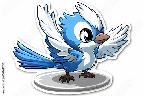 Obraz na płótnie Adorable Cartoon Blue Bird Illustration with Spread Wings Perched on a Circular Platform, Digital Sticker Design w salonie