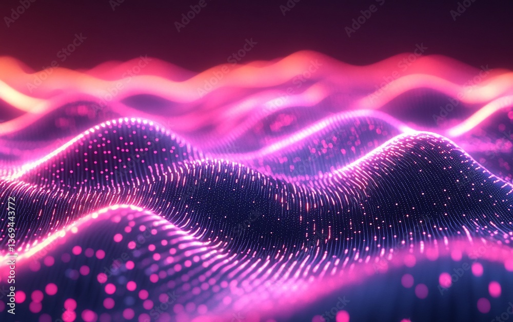 Abstract digital landscape of glowing pink and purple dots creating wavy patterns. Abstract digital landscape of glowing pink and purple dots creating wavy patterns.