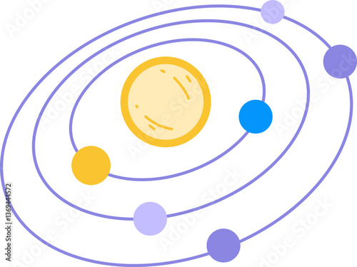 Illustration of a solar system with a central sun and six orbiting planets