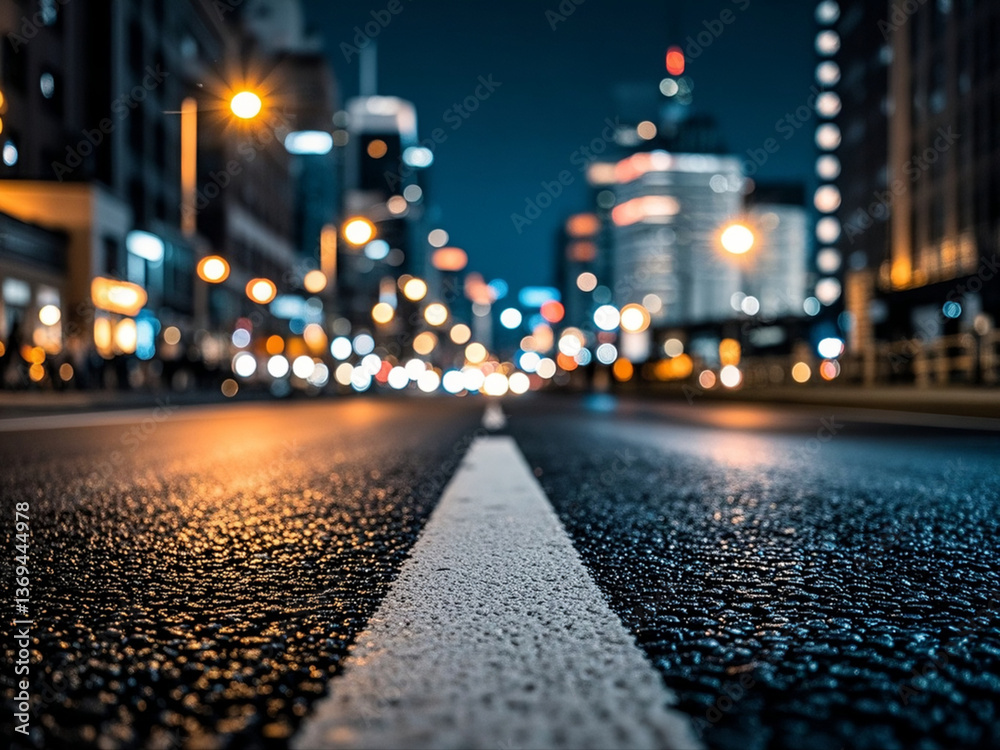 Turning asphalt road with marking lines and reflections with colorful unfocused lights on a background.