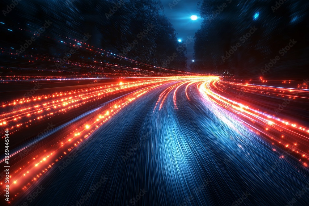 Obraz premium Abstract depiction of speeding lights racing on a road at night