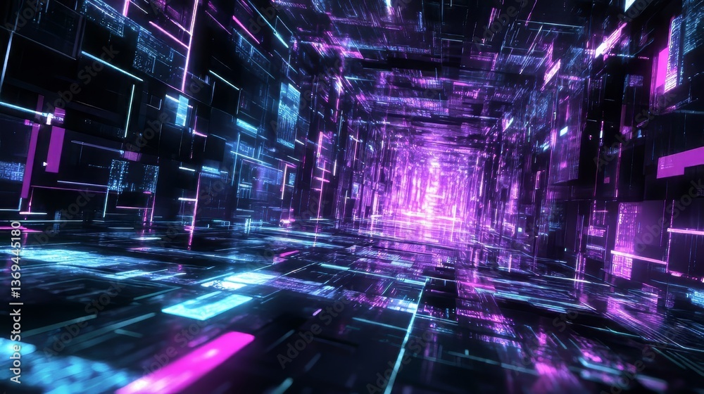 Obraz premium Futuristic corridor with glowing lines. Purple and blue lights illuminate the digital tunnel design.