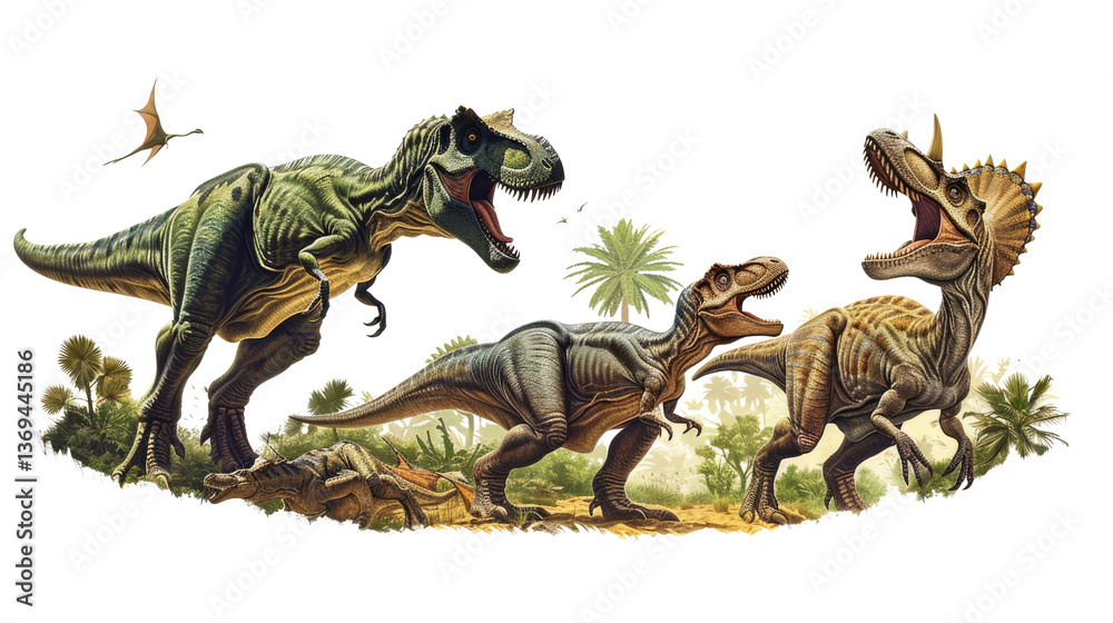 Fototapeta premium Jurassic Giants: An artistic rendering depicts several majestic dinosaurs amidst a verdant, prehistoric landscape. The imposing Tyrannosaurus Rex, smaller dinosaurs, and other species interact.
