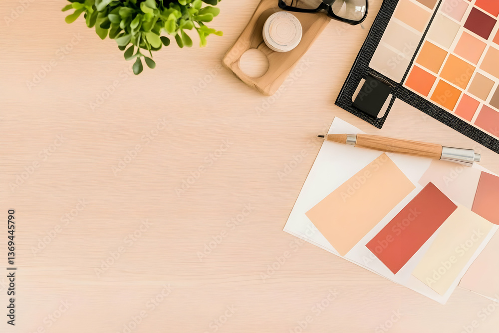 Flatlay of a Wooden Desk with Color Swatches, Pen, and Plant
