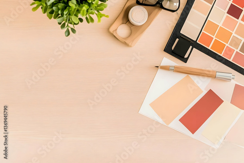 Obraz na płótnie Flatlay of a Wooden Desk with Color Swatches, Pen, and Plant w salonie